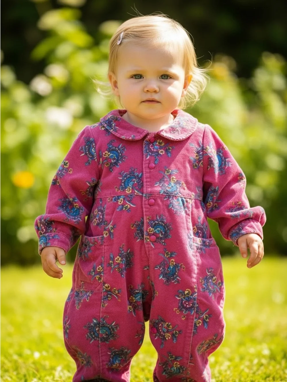 Vintage toddler 18M pink floral corduroy jumpsuit, cotton paisley.